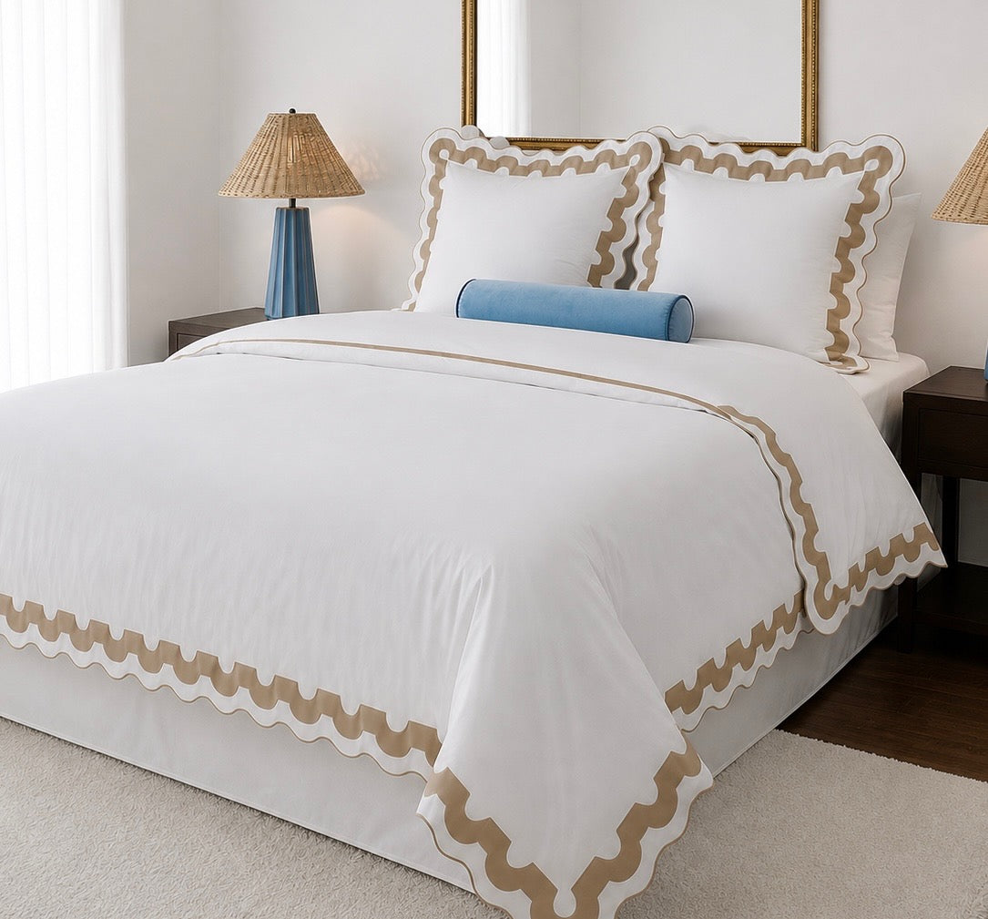 Taupe Applique Scalloped Embroidery Cotton Duvet Cover Set