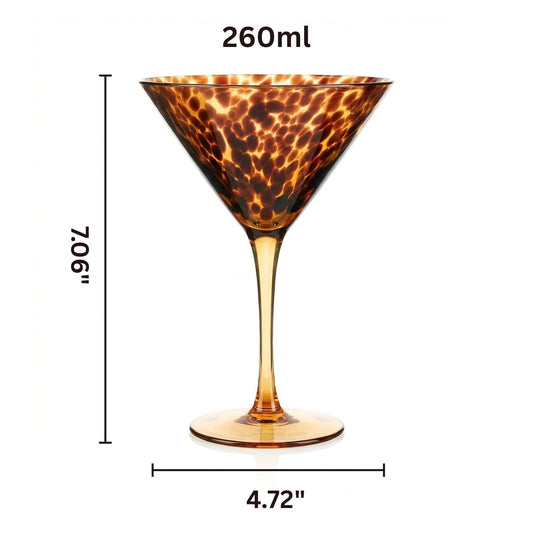 Tortoise Leopard Print Martini 9oz - Set of 4, 7.1" Spotted Borosilicate Cocktail Stem
