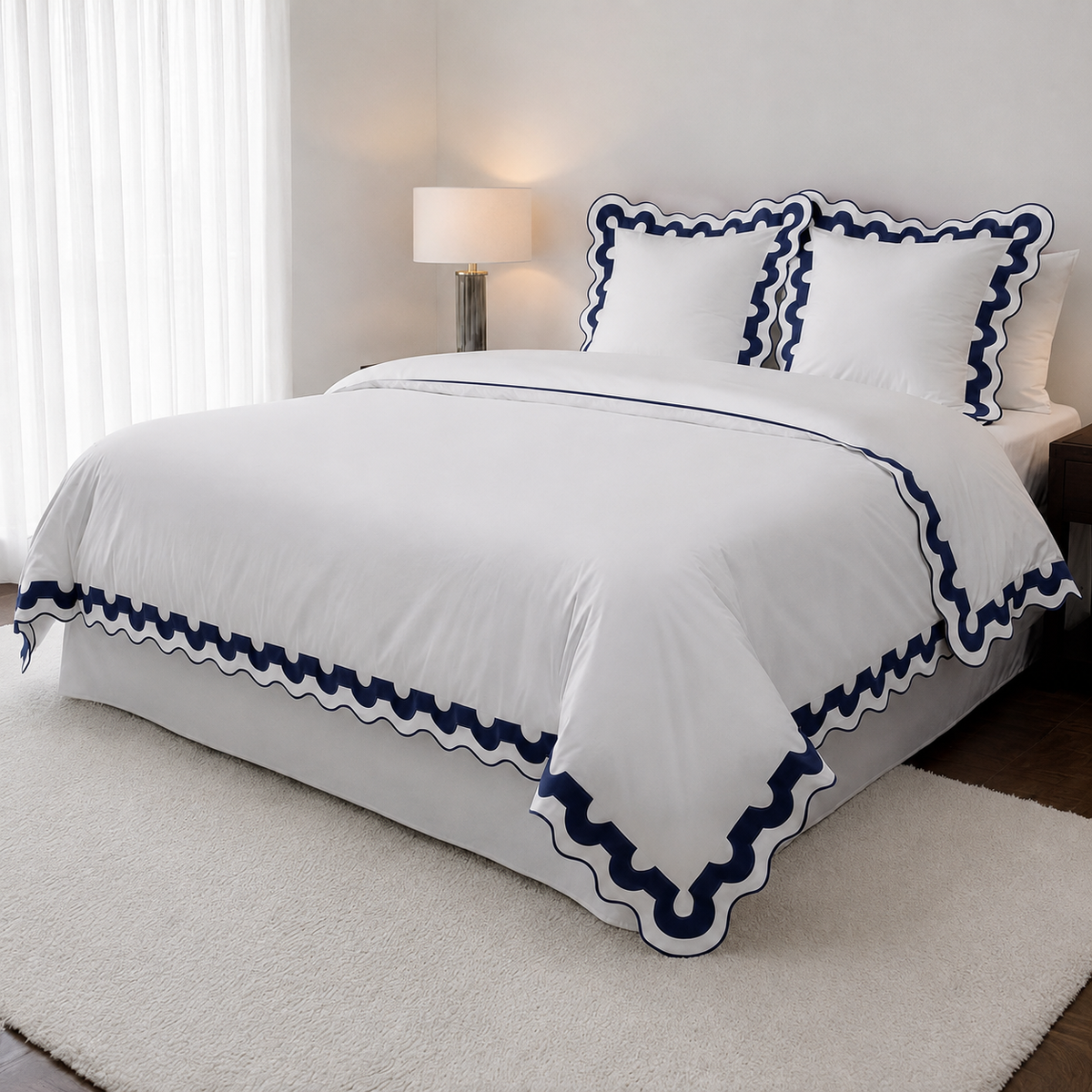 Navy Applique Scalloped Embroidery Cotton Duvet Cover Set