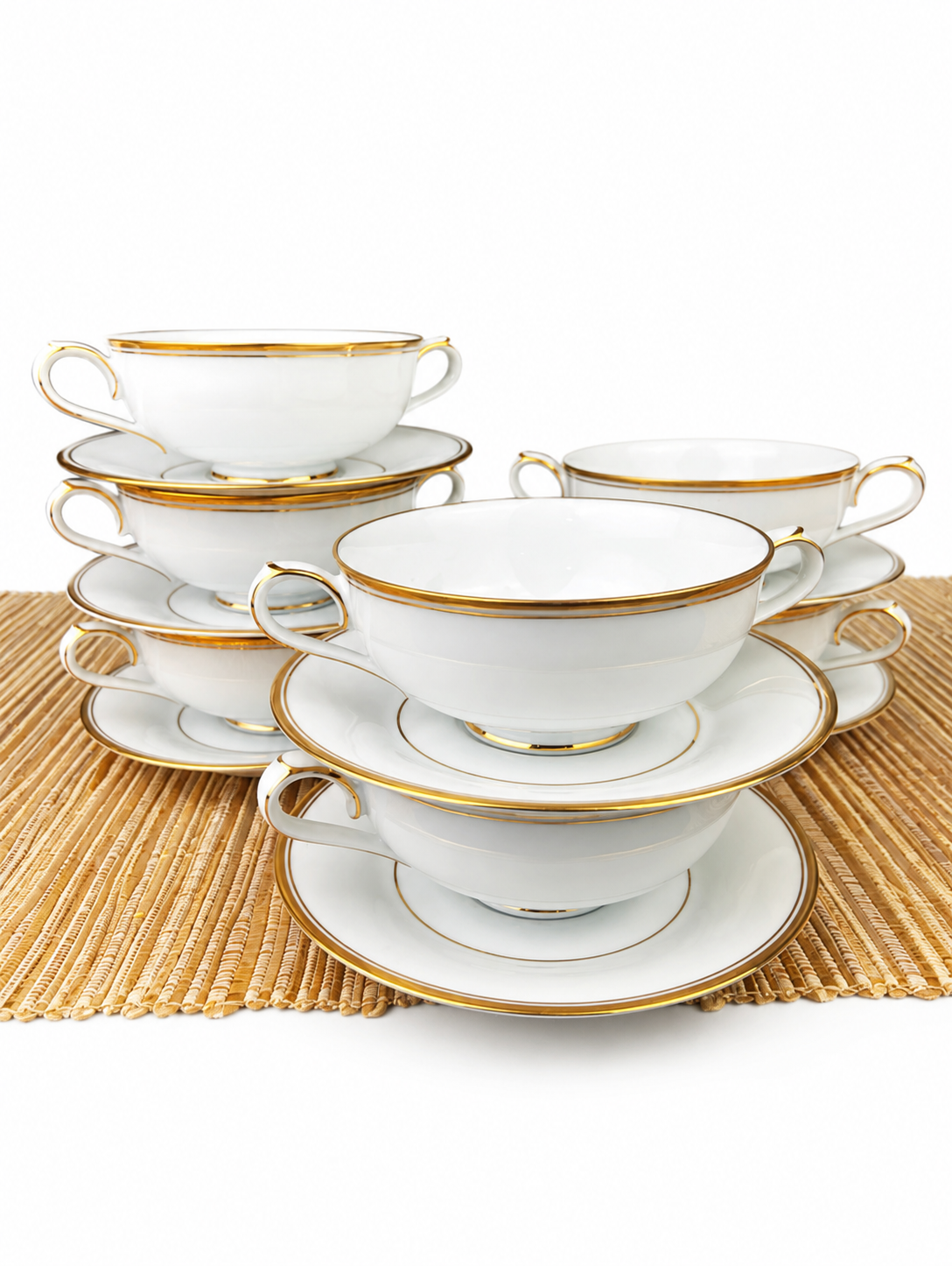 Vintage Noritake Allison Porcelain Soup Bowls & Saucers, Gold Wedding Band China, Set of 7