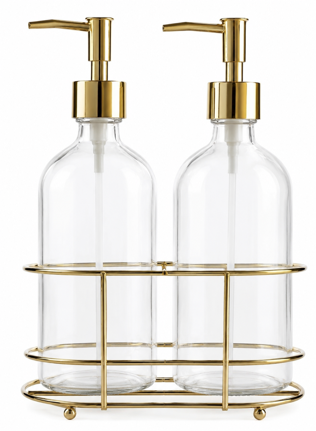 Dispense It Duo 2-Piece Set of 2 Soap Pumps with Gold Color Metal Caddy