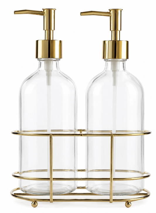 Dispense It Duo 2-Piece Set of 2 Soap Pumps with Gold Color Metal Caddy