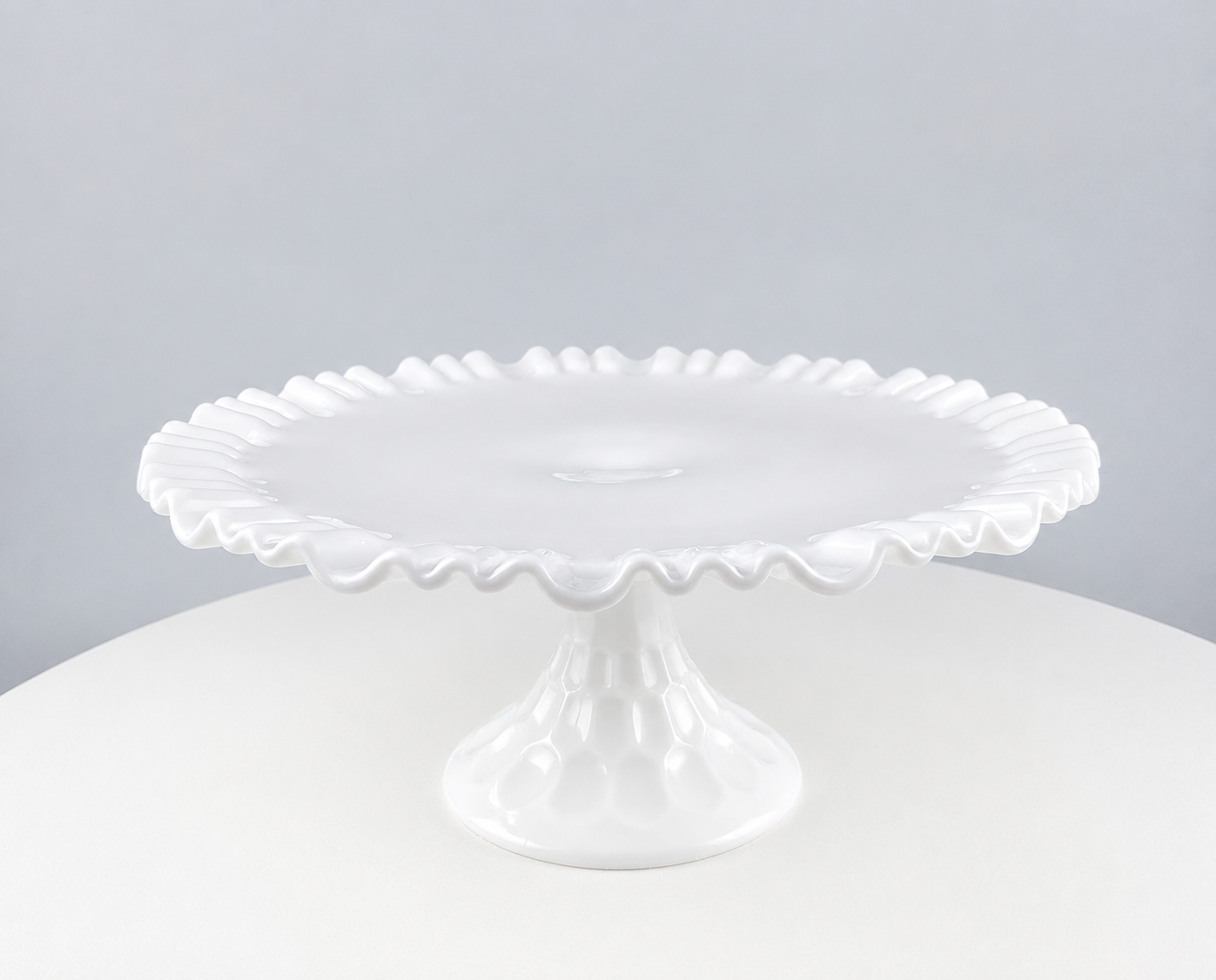 Vintage Thumb Print Milk Glass Cake Stand. White 12" Cake Serving Platter with Ruffled Edge. Wedding Birthday Holiday Celebration.