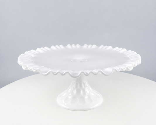 Vintage Thumb Print Milk Glass Cake Stand. White 12" Cake Serving Platter with Ruffled Edge. Wedding Birthday Holiday Celebration.
