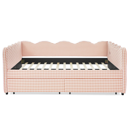 Queen Size Cozy Gingham Daybed with Two Storage Drawers and USB Port
