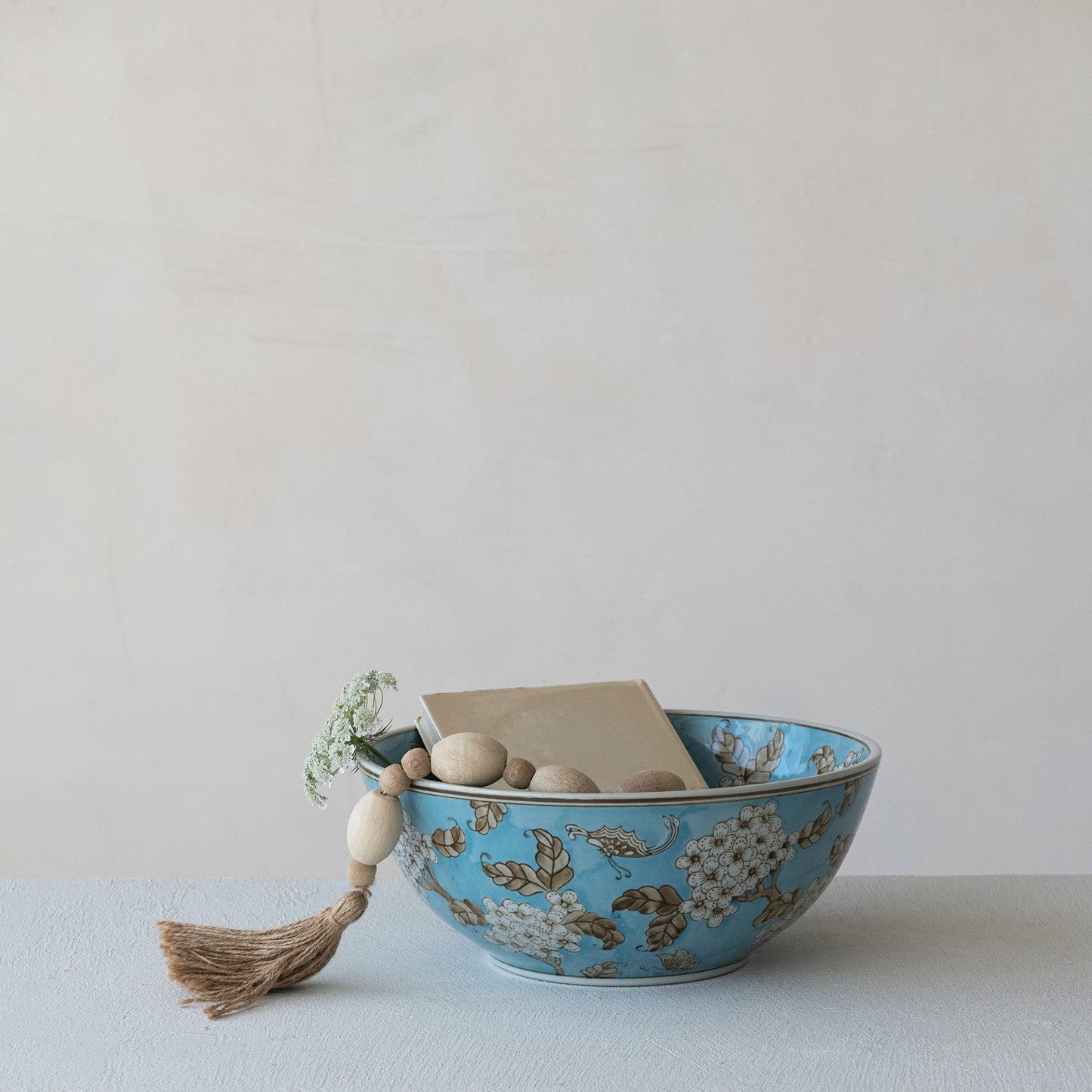 Cherry Blossom Hand-Painted Blue Ceramic Serving Bowl
