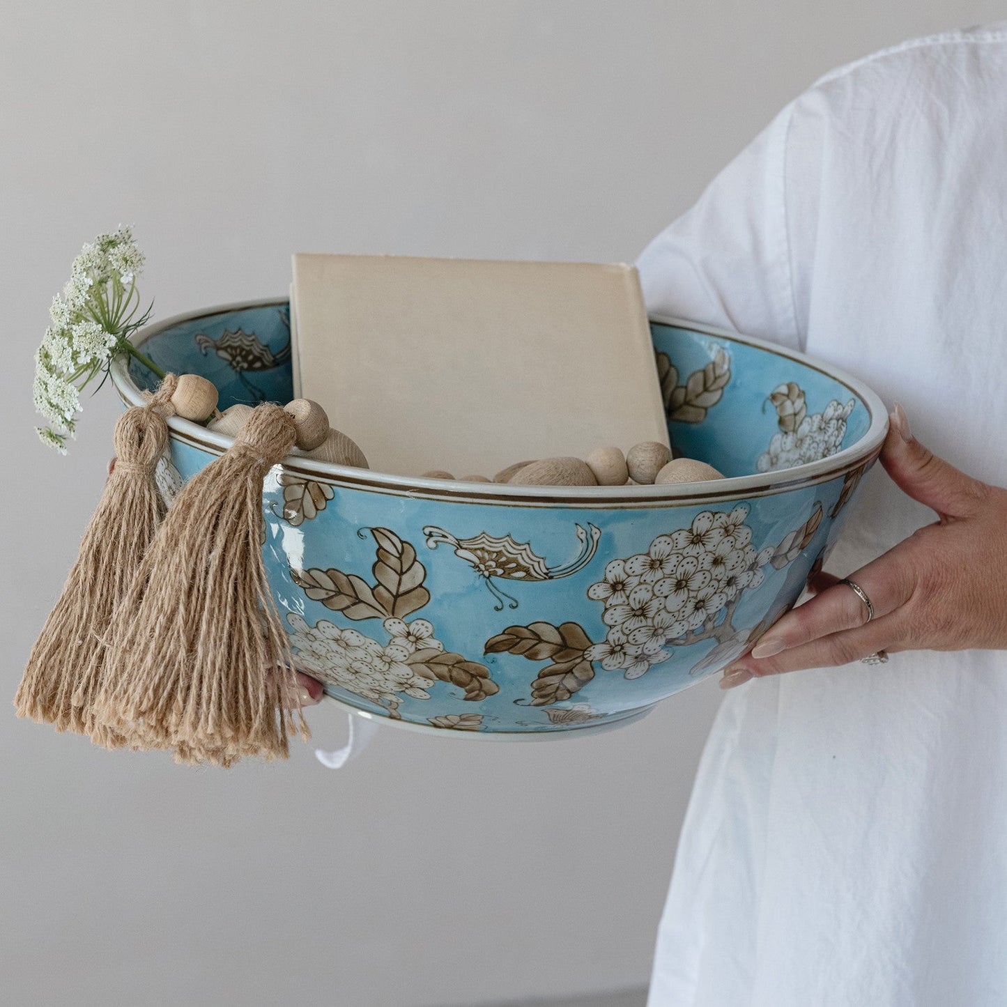Cherry Blossom Hand-Painted Blue Ceramic Serving Bowl