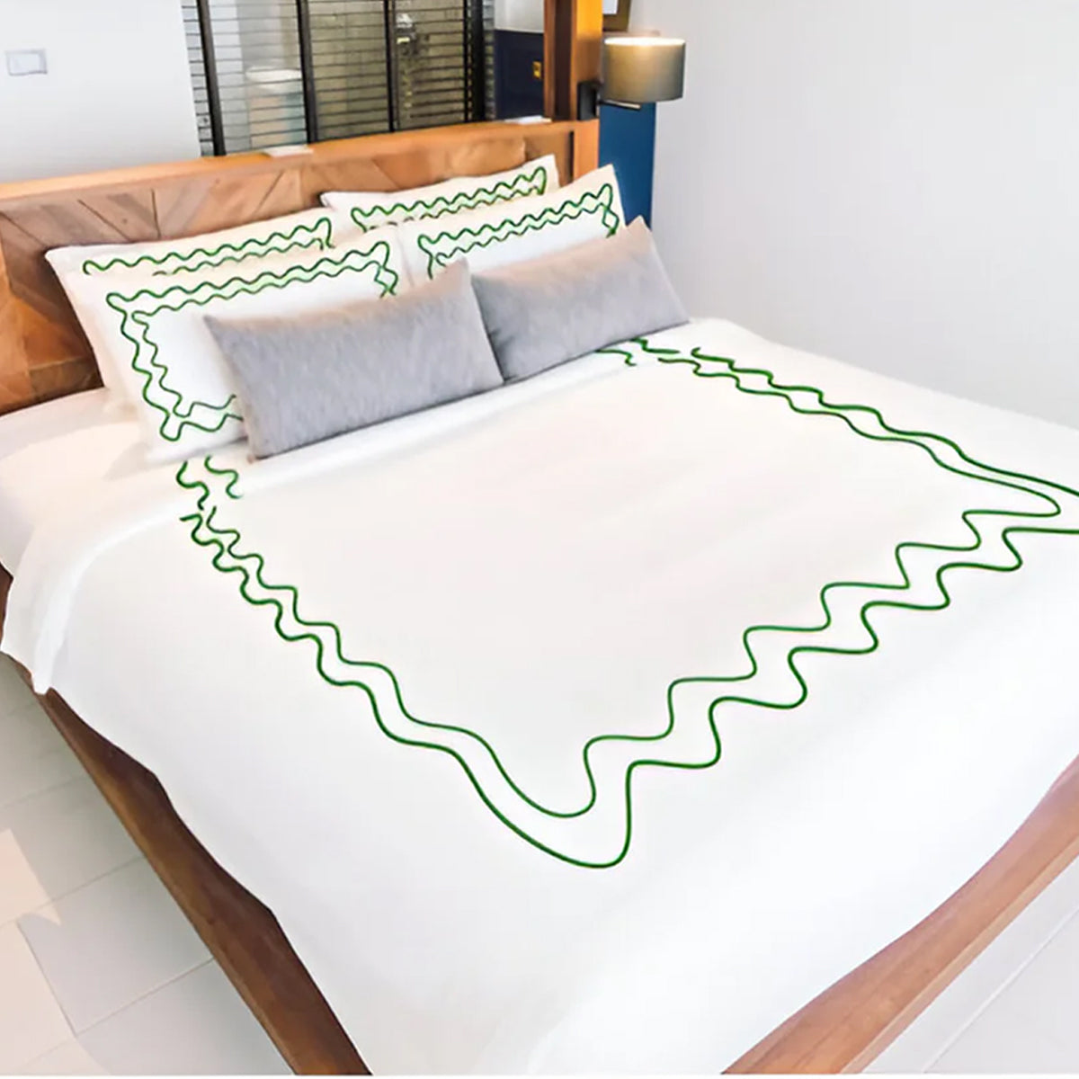 Double Wavy Embroidered Duvet Cover Set - 100% Cotton