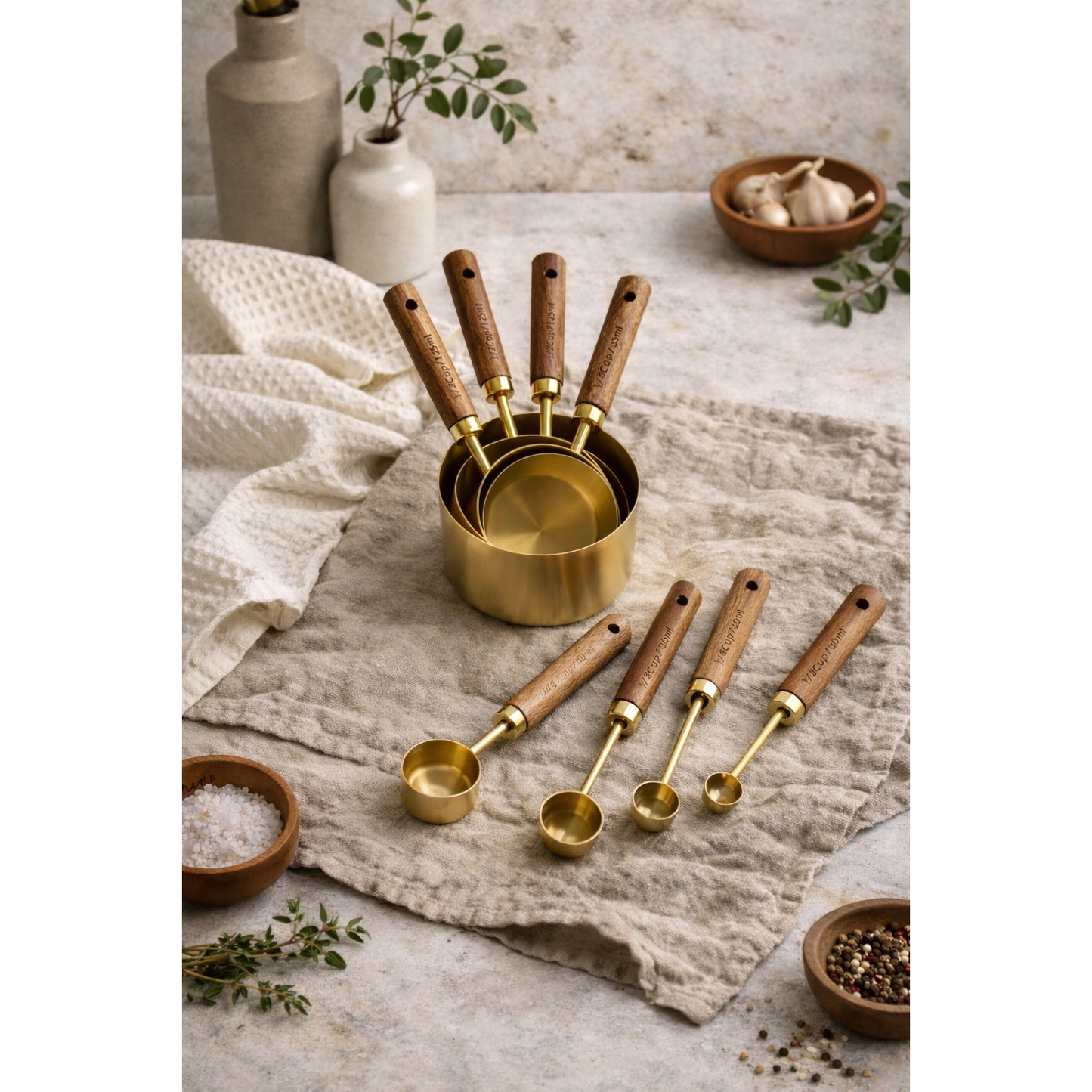 Montecito Acacia Wood and Gold Measuring Cups – Modern Kitchen Essentials