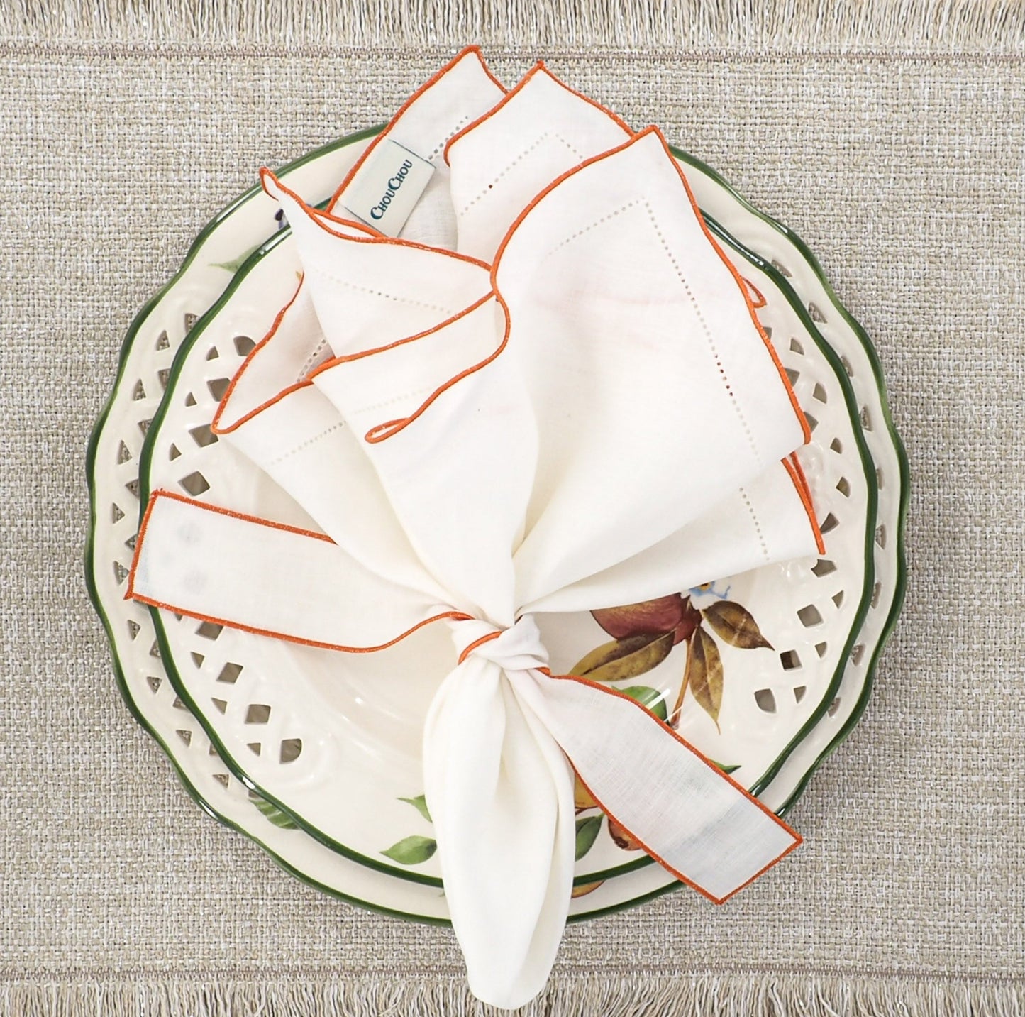 White Linen Napkins With Orange Ruffled Hemstitch Edges, Set of 4
