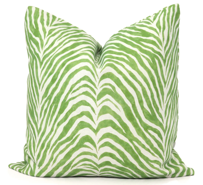 Green and White Zebra Stripe Decorative Pillow Cover on Belgium Linen