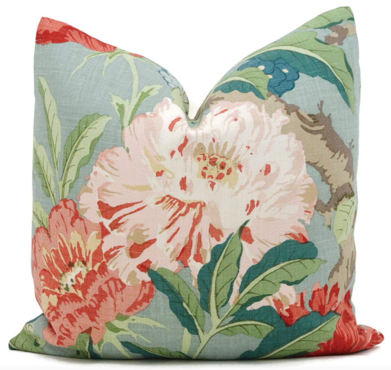 Schumacher Enchanted Garden Pillow Cover: Aqua Floral Linen Throw Pillow