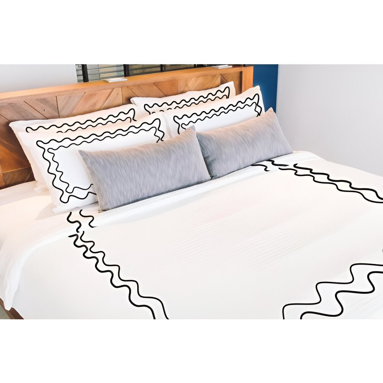 Double Wavy Embroidered Duvet Cover Set - 100% Cotton