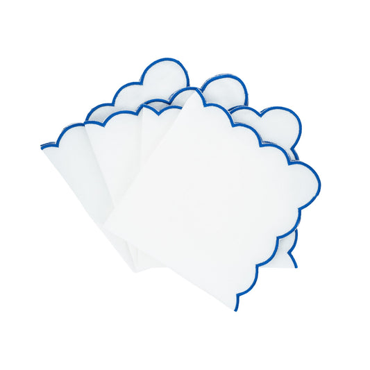 Blue Scalloped Linen Napkins, Set of 4