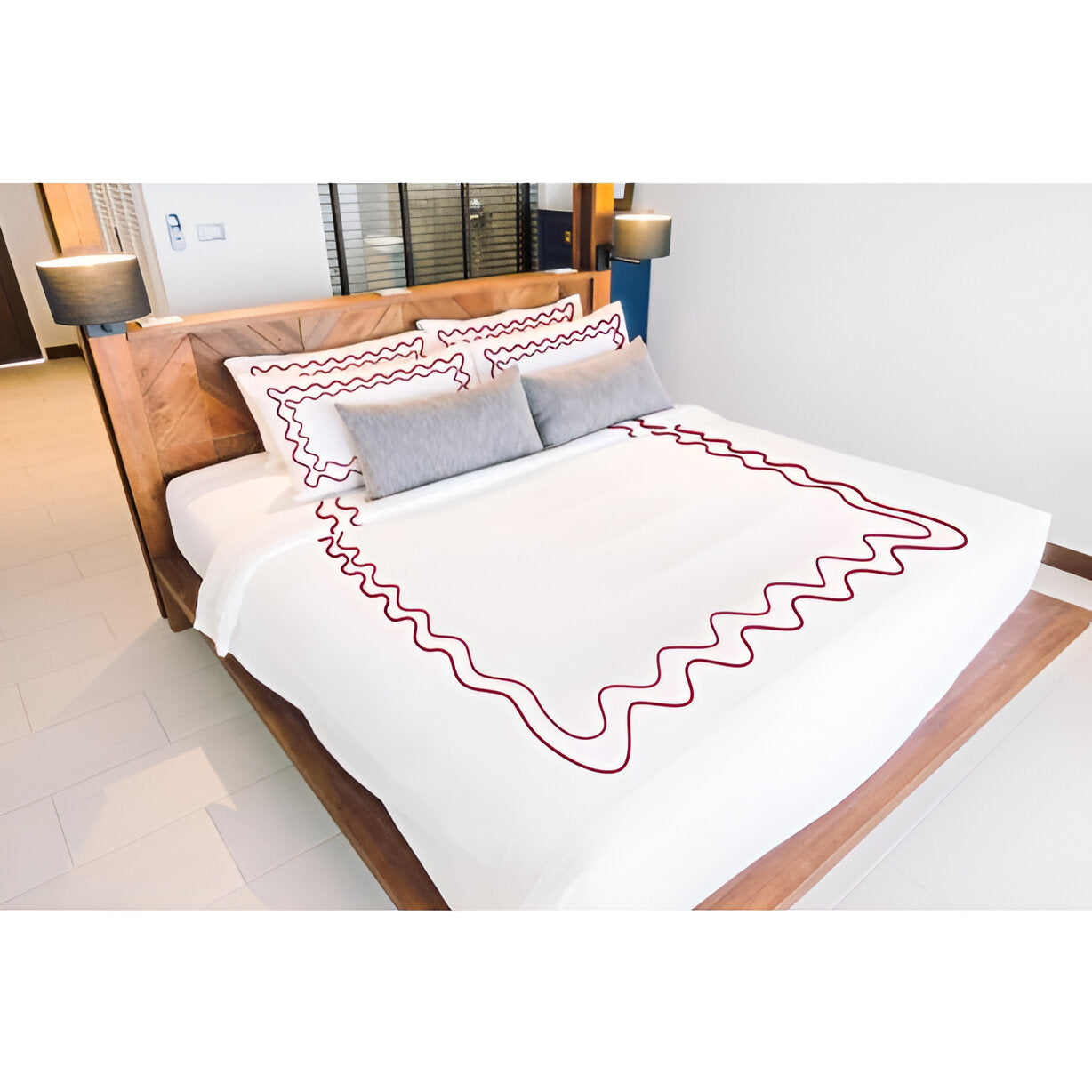 Double Wavy Embroidered Duvet Cover Set - 100% Cotton