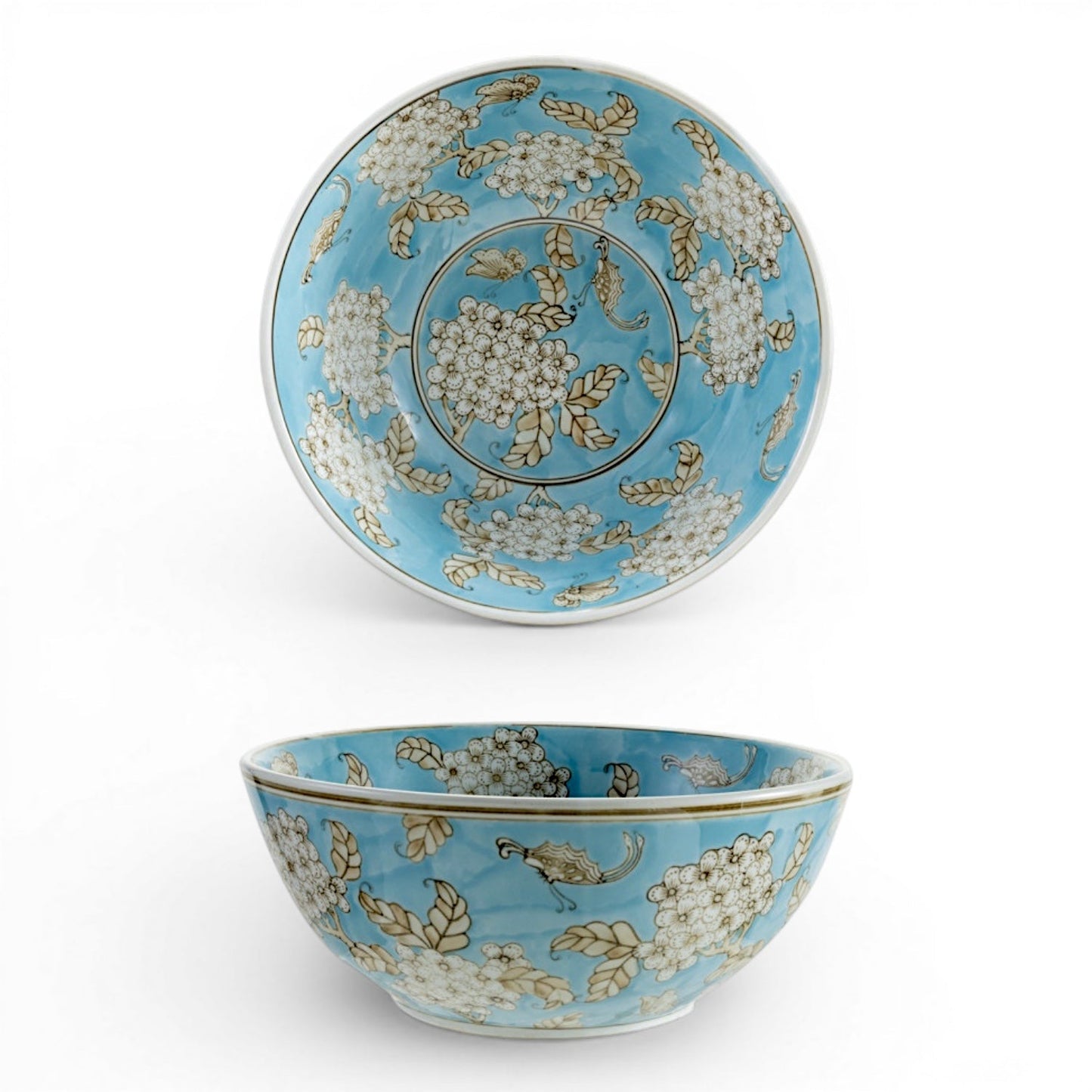 Cherry Blossom Hand-Painted Blue Ceramic Serving Bowl