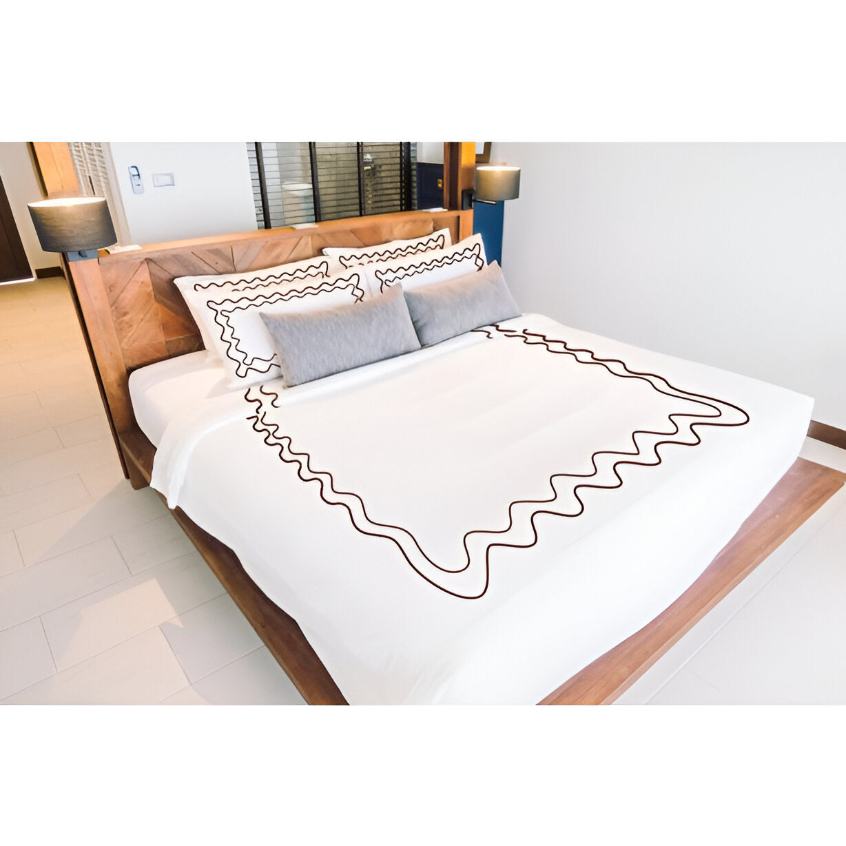 Double Wavy Embroidered Duvet Cover Set - 100% Cotton
