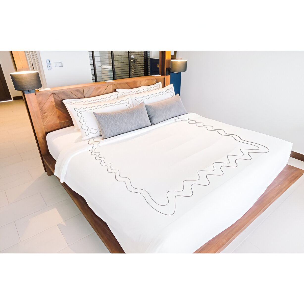Double Wavy Embroidered Duvet Cover Set - 100% Cotton