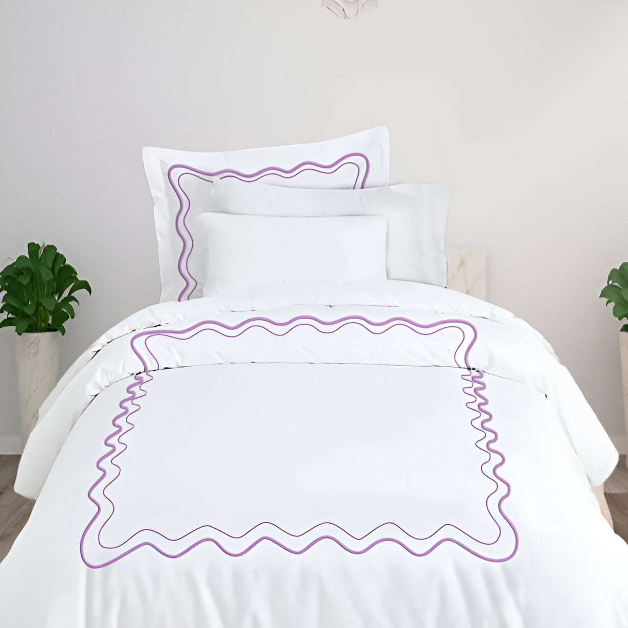 Double Wavy Embroidered Duvet Cover Set - 100% Cotton