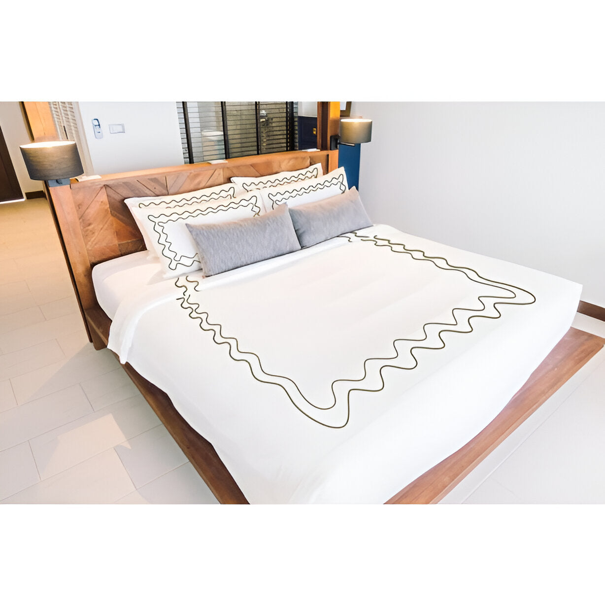 Double Wavy Embroidered Duvet Cover Set - 100% Cotton